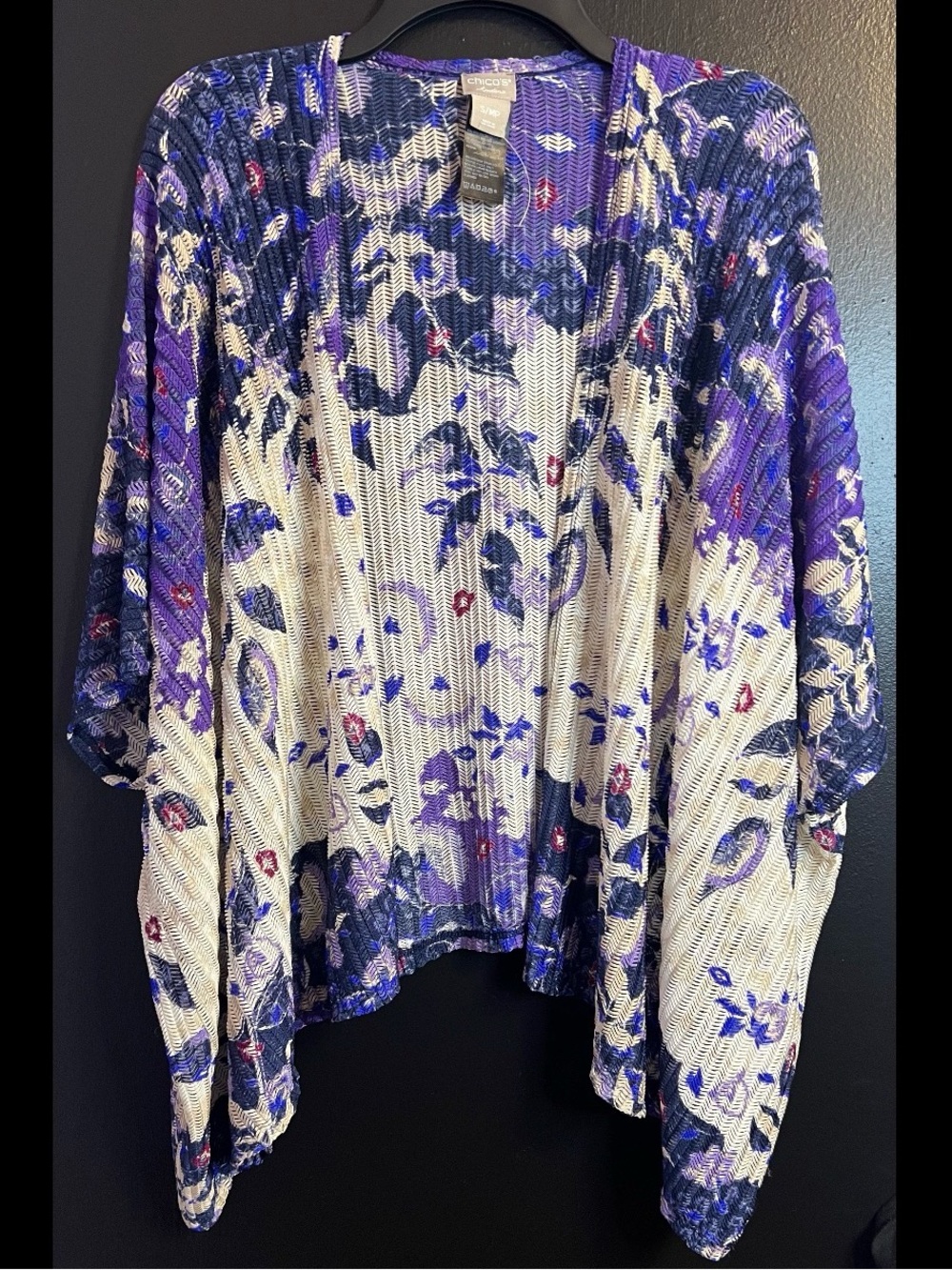 CHICO’S Pleated Floral Open Kimono - Purple & Cream